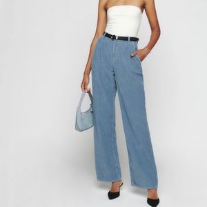 Blue Montauk Pleated High Rise Corduroy Pants from The Reformation (size 29).